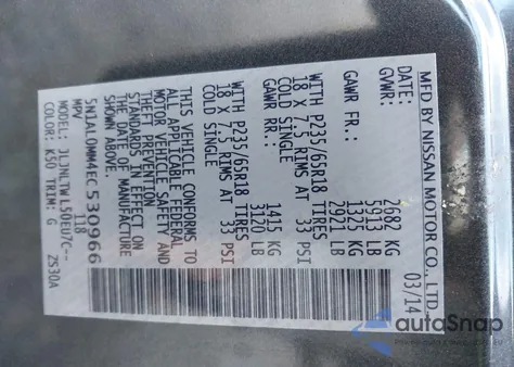 2014 Infiniti Qx60 from USA, damaged, VIN 5N1AL0MM4EC530966